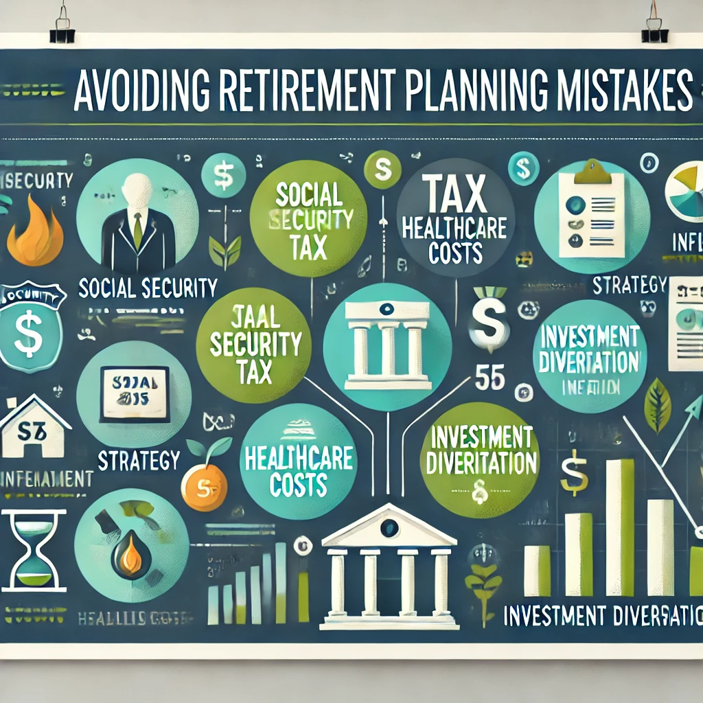 Infographic summarizing key retirement planning mistakes, including Social Security timing, tax strategies, healthcare costs, inflation, investment diversification, and estate planning.