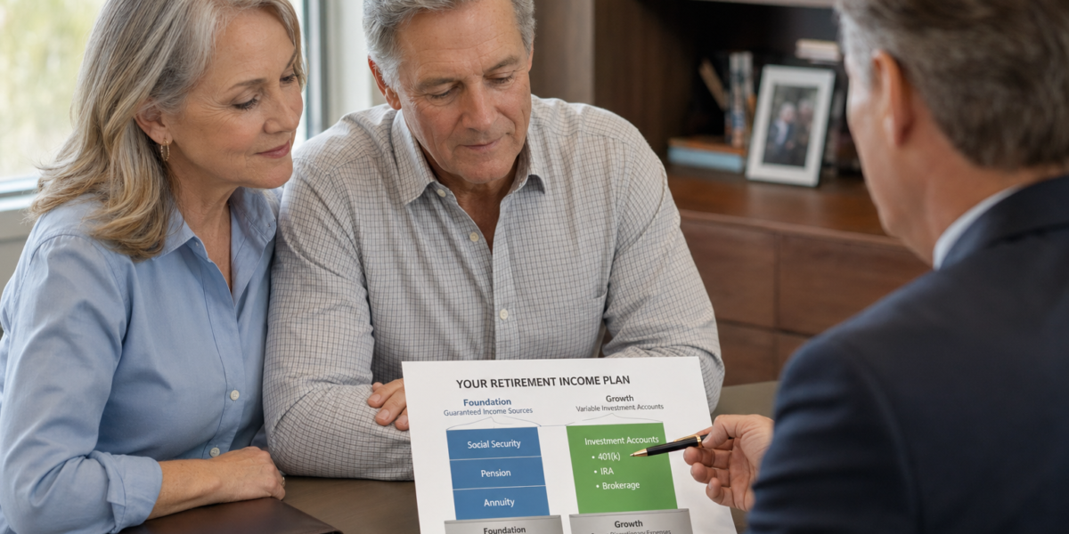 Retired couple reviewing retirement income floor plan with guaranteed versus variable income sources
