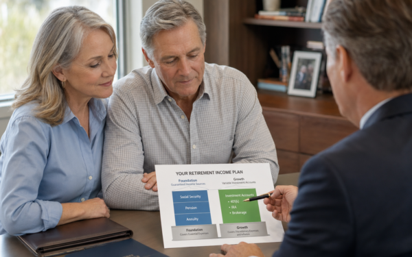 Retired couple reviewing retirement income floor plan with guaranteed versus variable income sources