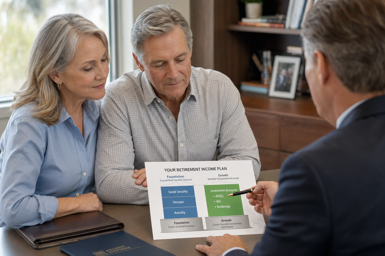 Retired couple reviewing retirement income floor plan with guaranteed versus variable income sources