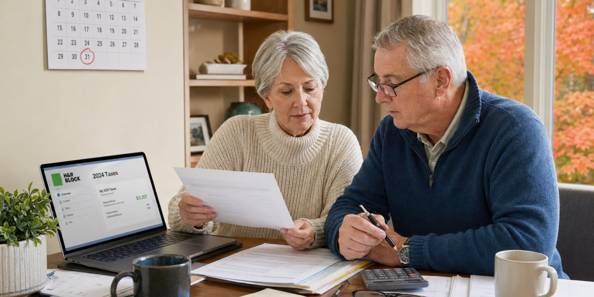 Retired couple reviewing year-end tax planning documents before December deadline