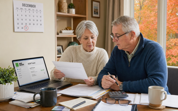 Retired couple reviewing year-end tax planning documents before December deadline