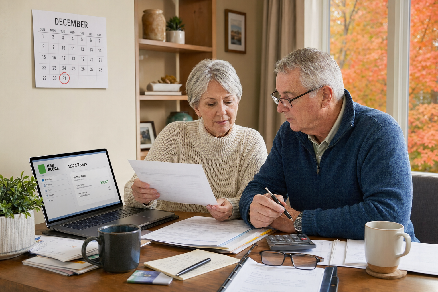Retired couple reviewing year-end tax planning documents before December deadline