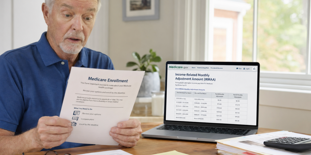 Retired man reviewing Medicare IRMAA income-related monthly adjustment amount letter