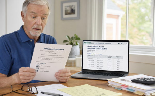 Retired man reviewing Medicare IRMAA income-related monthly adjustment amount letter