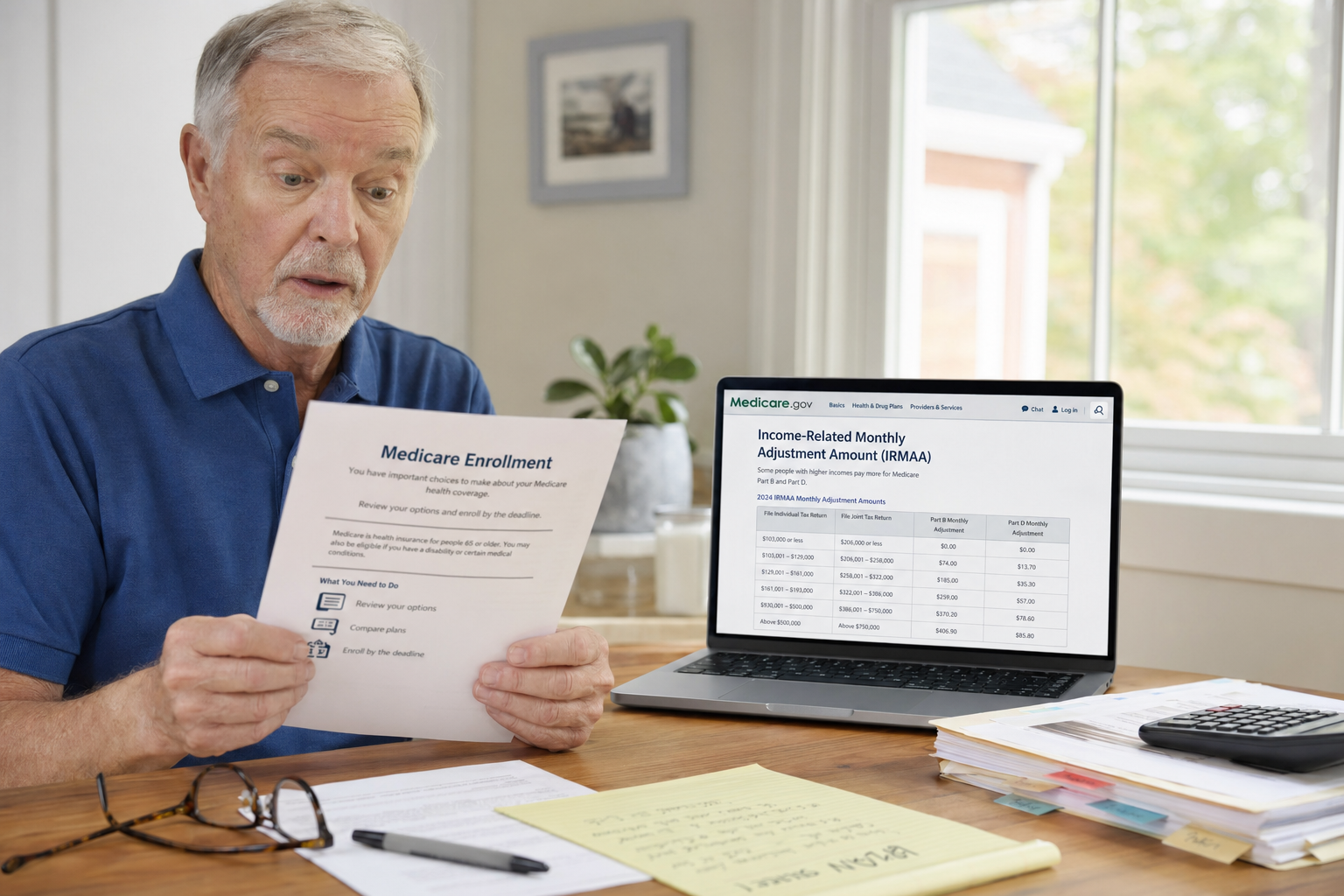 Retired man reviewing Medicare IRMAA income-related monthly adjustment amount letter