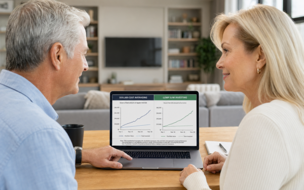 Retired couple comparing dollar-cost averaging versus lump sum investing strategies