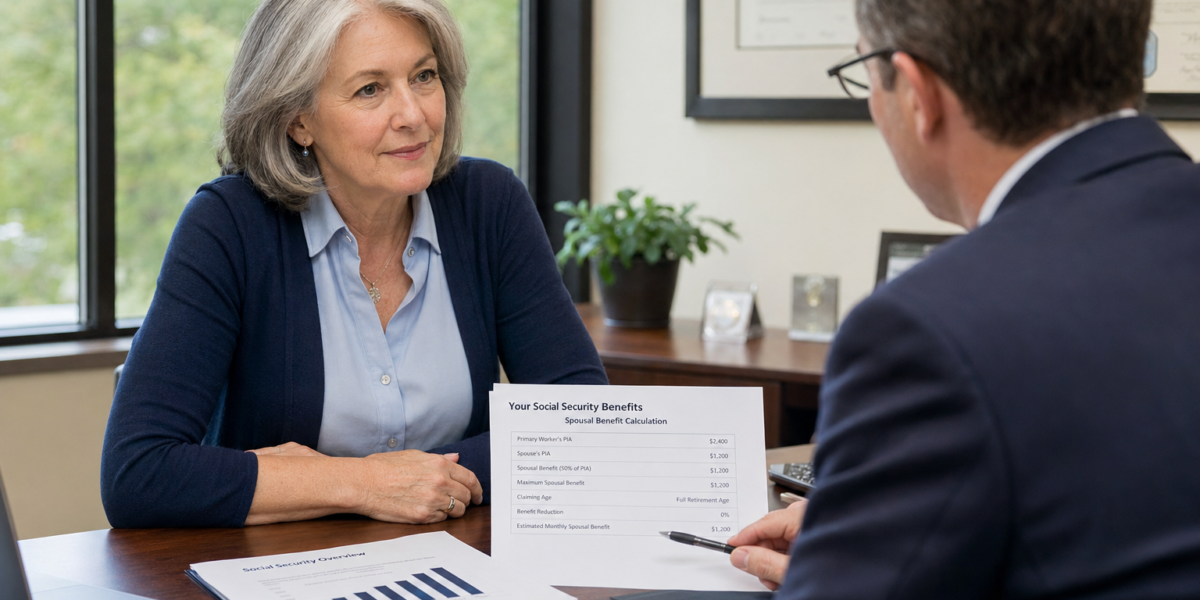 Confident woman reviewing Social Security divorced spouse benefits with financial advisor