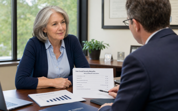 Confident woman reviewing Social Security divorced spouse benefits with financial advisor