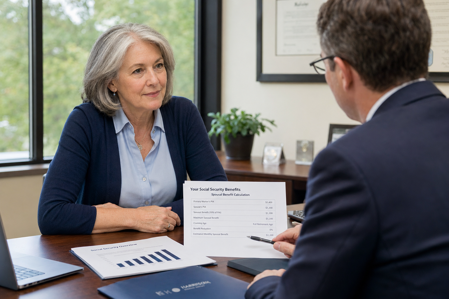 Confident woman reviewing Social Security divorced spouse benefits with financial advisor