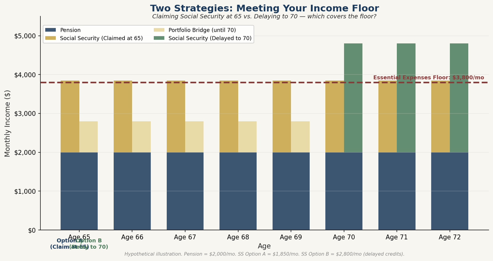 Two-column comparison chart categorizing essential expenses covered by guaranteed income versus discretionary expenses funded by investments