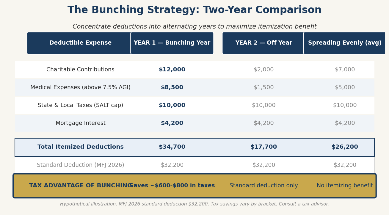 Two-year comparison table showing how bunching deductions in alternating years creates greater total tax savings for retirees