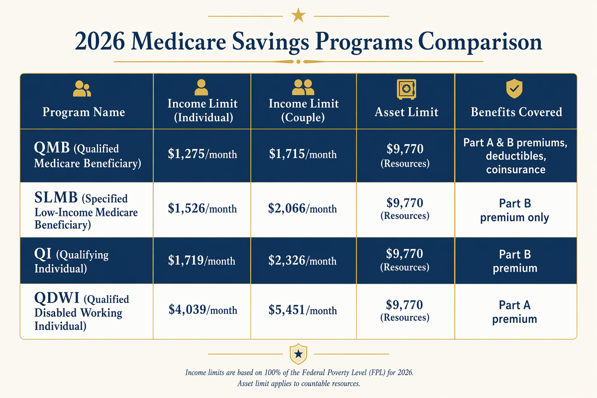 Medicare Savings Programs: Financial Help Most Retirees Don't Know About 4 Comparison chart of the four Medicare Savings Programs showing income limits, eligibility criteria, and benefits covered for each program.