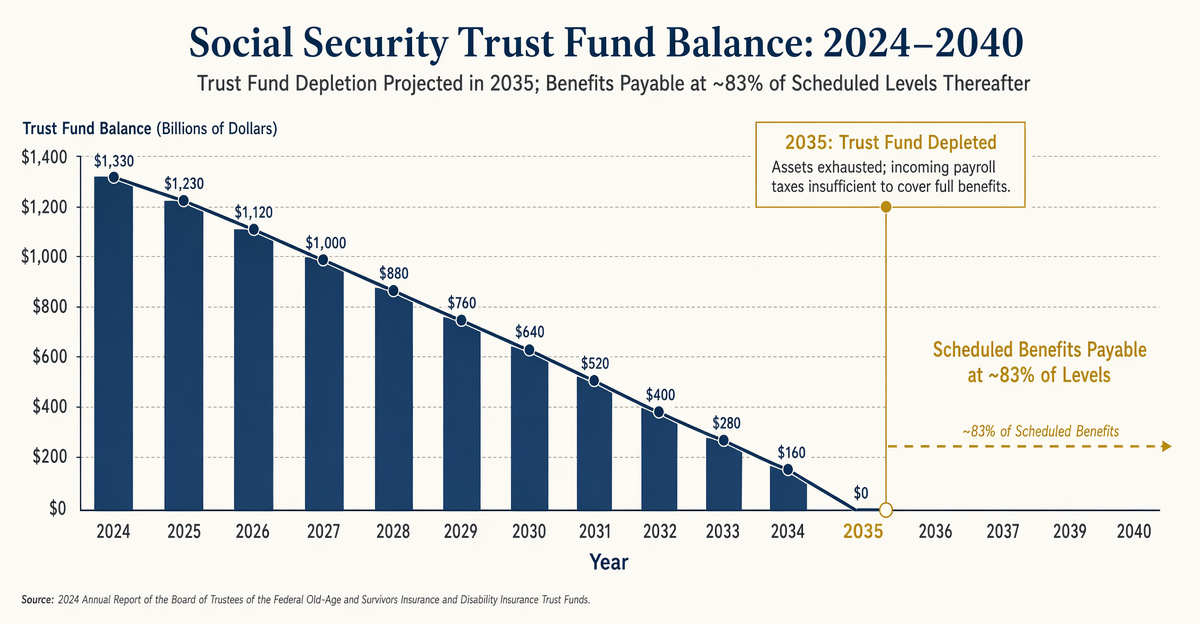 Social Security trust fund depletion projection chart showing projected exhaustion date and benefit reduction scenarios.