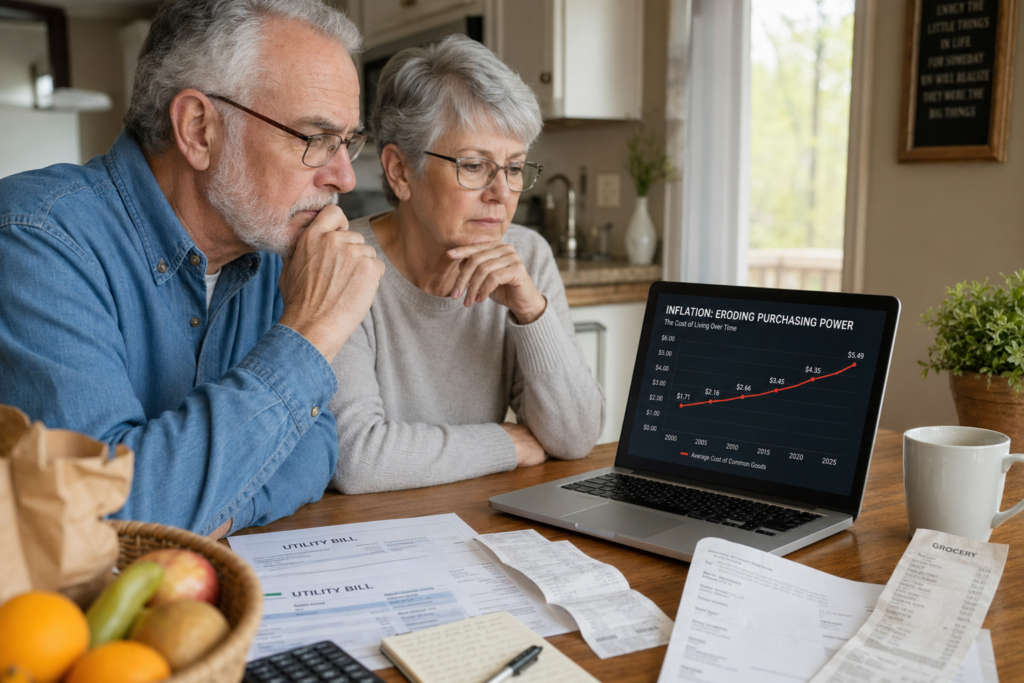 Inflation Risk in Retirement: How Rising Prices Erode Your Purchasing Power 1 Retired couple reviewing rising inflation impact on retirement purchasing power