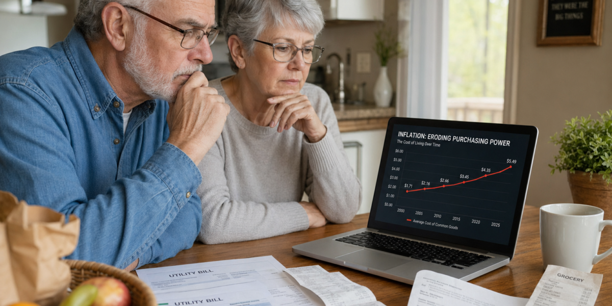 Retired couple reviewing rising inflation impact on retirement purchasing power