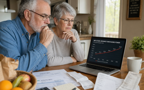 Retired couple reviewing rising inflation impact on retirement purchasing power