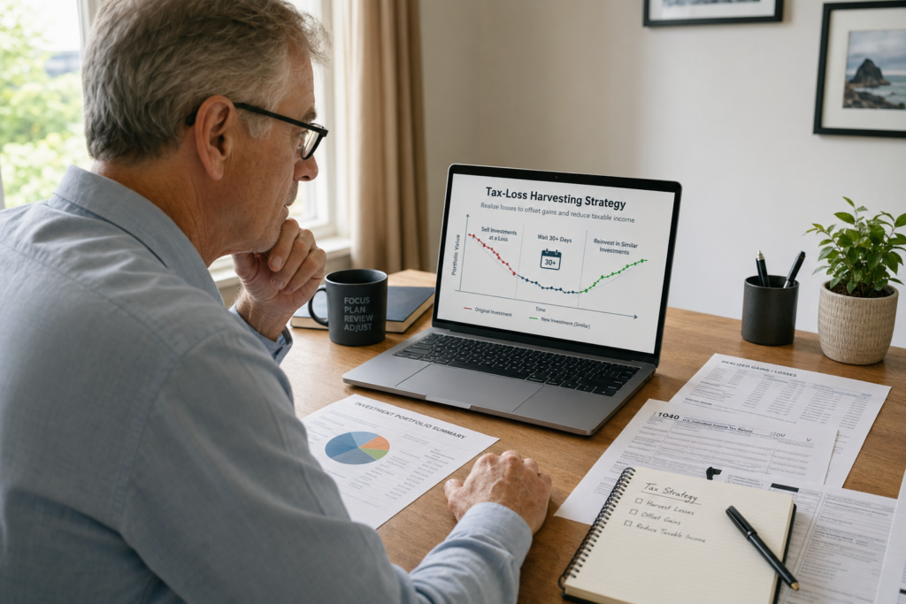 Retired investor reviewing tax-loss harvesting strategy on laptop with financial charts