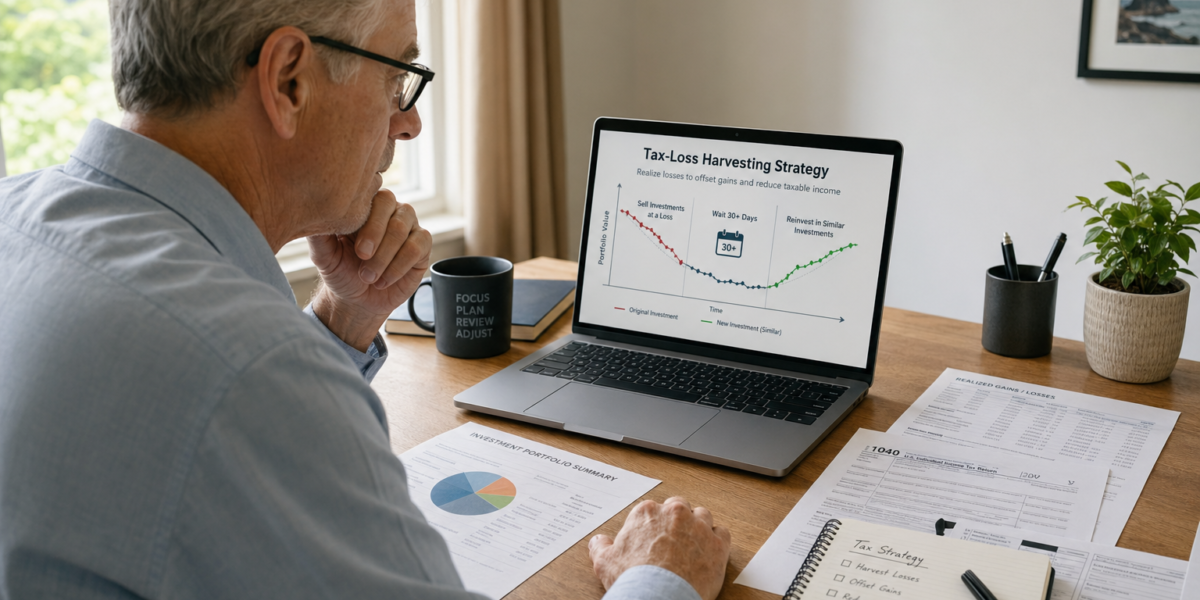 Retired investor reviewing tax-loss harvesting strategy on laptop with financial charts