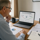 Retired investor reviewing tax-loss harvesting strategy on laptop with financial charts