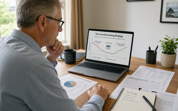 Retired investor reviewing tax-loss harvesting strategy on laptop with financial charts