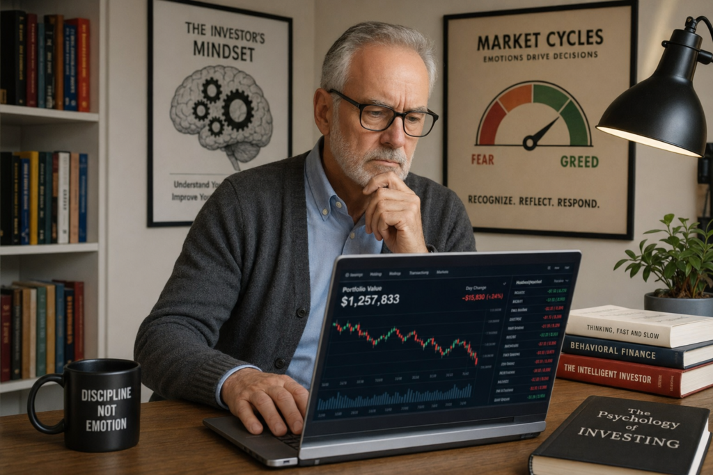 5 Behavioral Finance Traps That Derail Retirement Plans 1 Retired investor reviewing investment portfolio with behavioral finance concepts illustrated