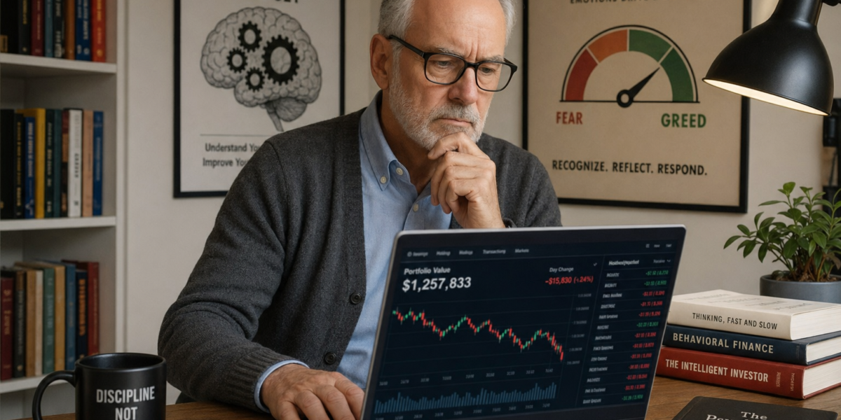 Retired investor reviewing investment portfolio with behavioral finance concepts illustrated