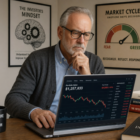 Retired investor reviewing investment portfolio with behavioral finance concepts illustrated