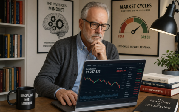 Retired investor reviewing investment portfolio with behavioral finance concepts illustrated