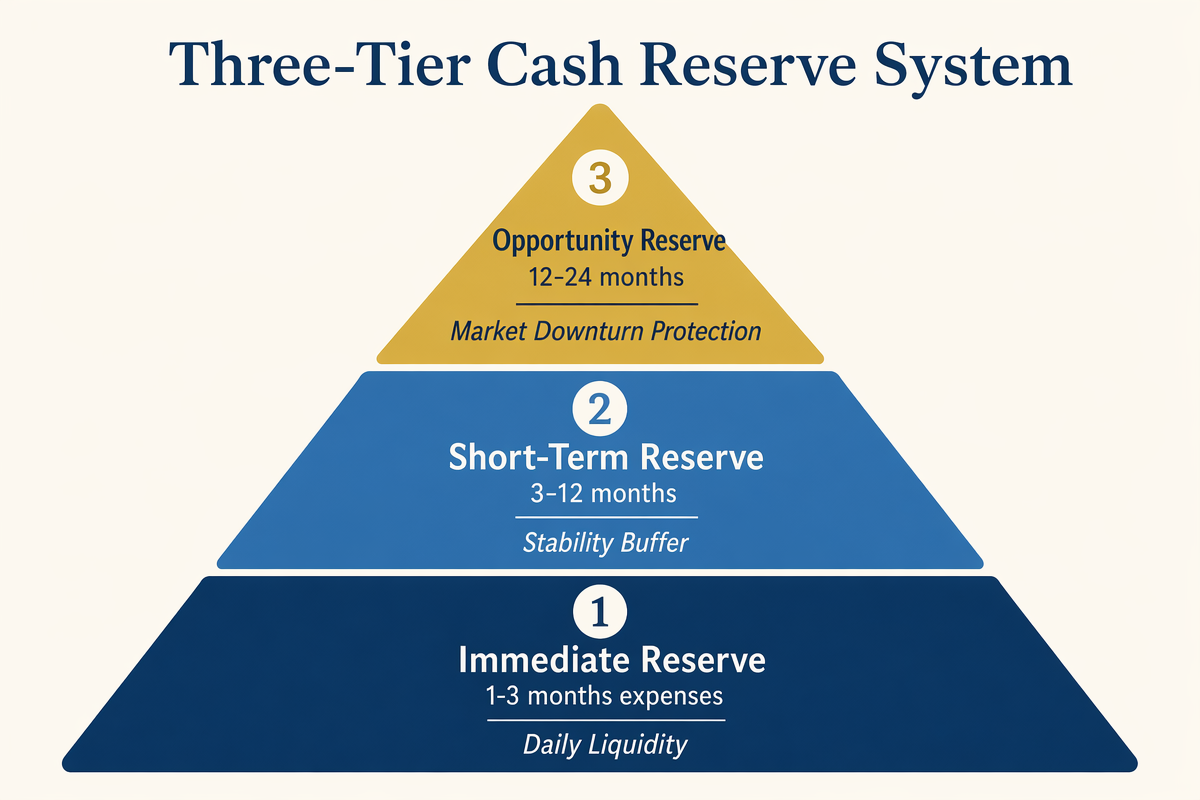 Three-tier cash reserve diagram showing immediate, short-term, and opportunity reserves for retirees.