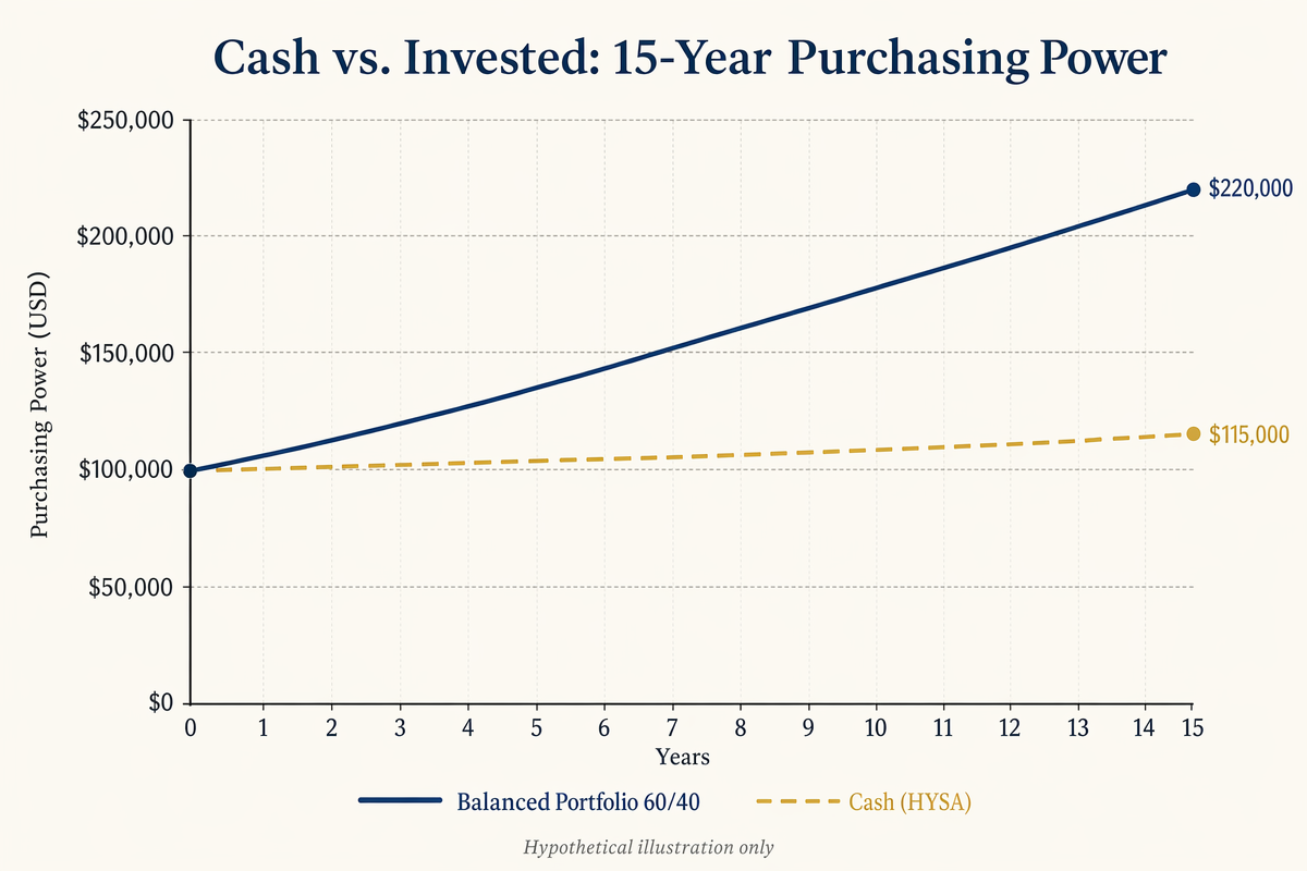 Chart comparing the purchasing power of $100,000 in cash versus a balanced portfolio over 15 years of retirement.
