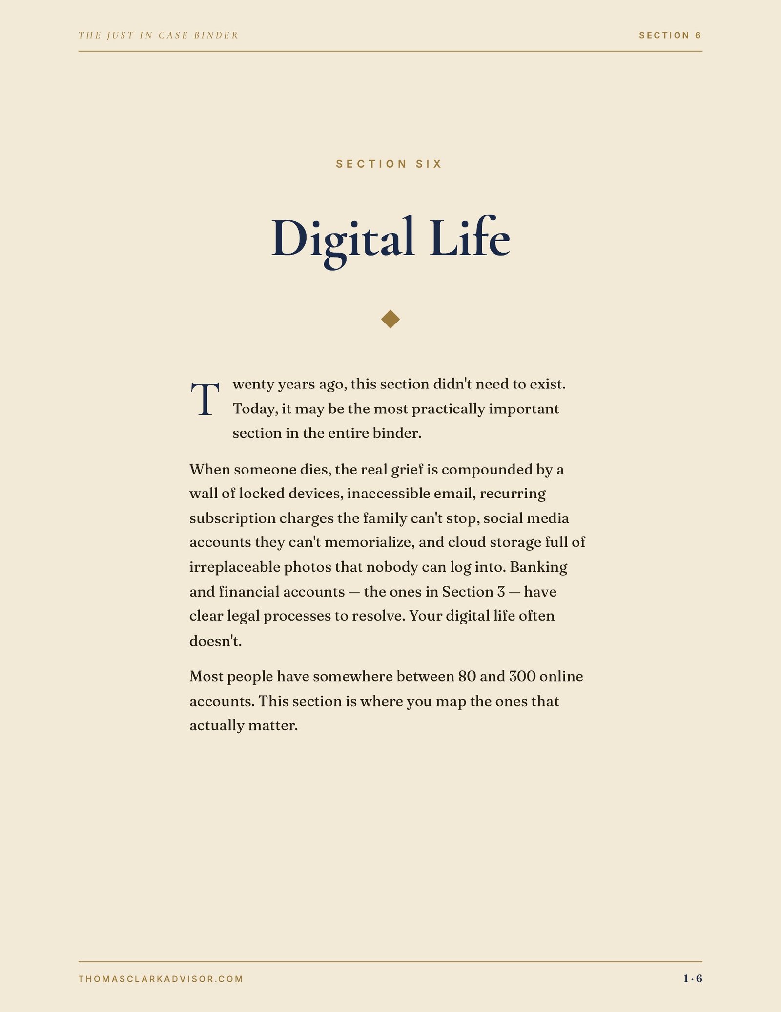Section 6 — Digital Life chapter opener from the Just in Case Binder, with a serif title page on cream paper that reads "Twenty years ago, this section didn