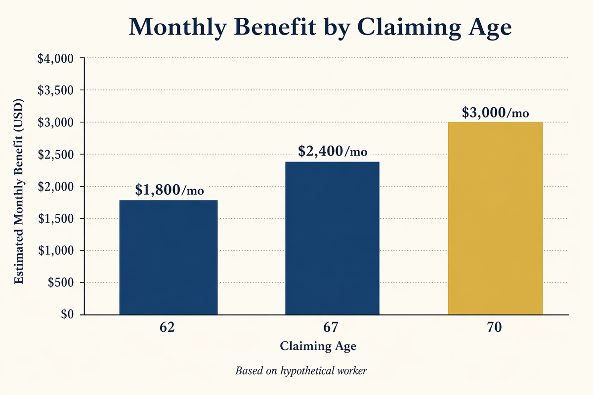 How to Read Your Social Security Statement — and What Most People Miss 6 Bar chart comparing estimated Social Security benefits at ages 62, 67, and 70 for a hypothetical worker.