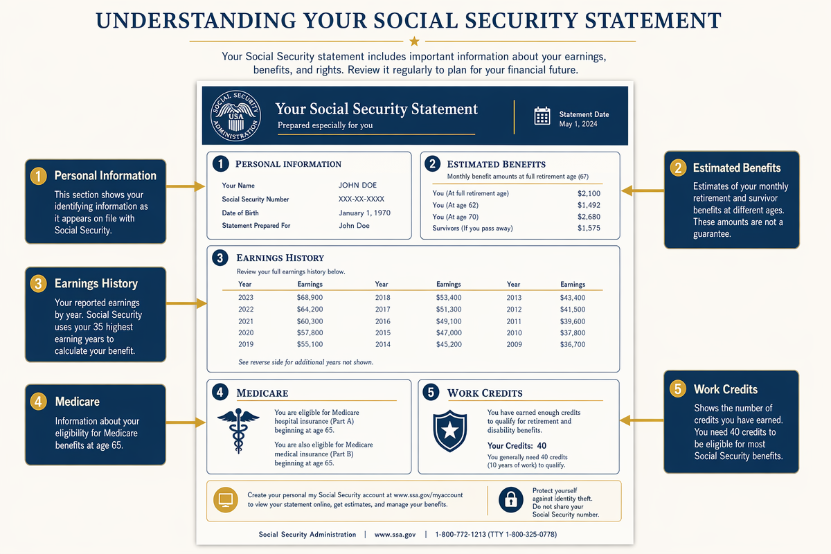 How to Read Your Social Security Statement — and What Most People Miss 5 Annotated diagram of a Social Security statement highlighting the key sections every retiree should review.