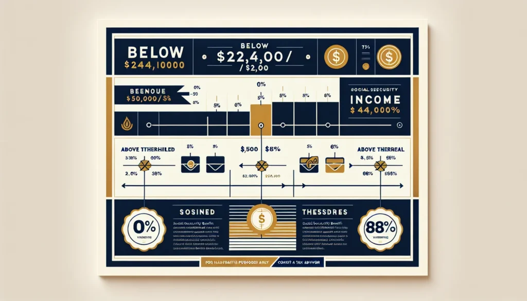 Social Security and Taxes: How Much of Your Benefit Is Taxable? 1 Social Security benefit taxation thresholds showing combined income levels and percentage of benefits subject to tax — for illustrative purposes only