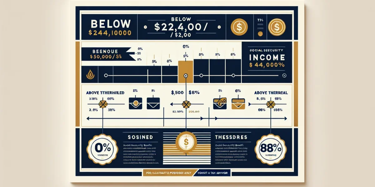 Social Security benefit taxation thresholds showing combined income levels and percentage of benefits subject to tax — for illustrative purposes only