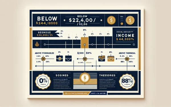 Social Security benefit taxation thresholds showing combined income levels and percentage of benefits subject to tax — for illustrative purposes only