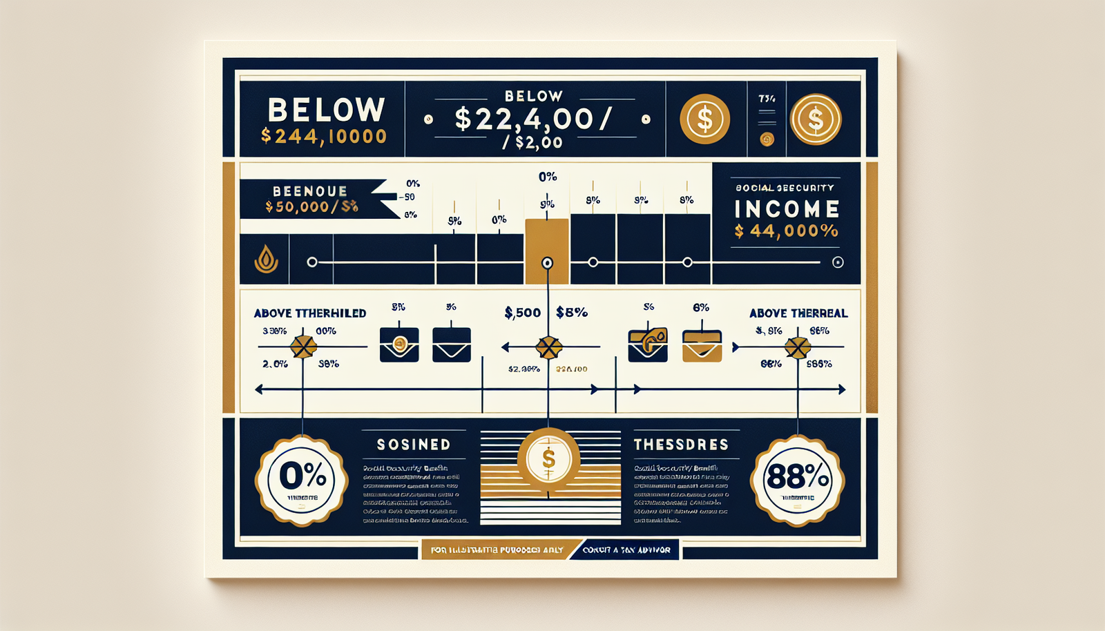 Social Security benefit taxation thresholds showing combined income levels and percentage of benefits subject to tax — for illustrative purposes only