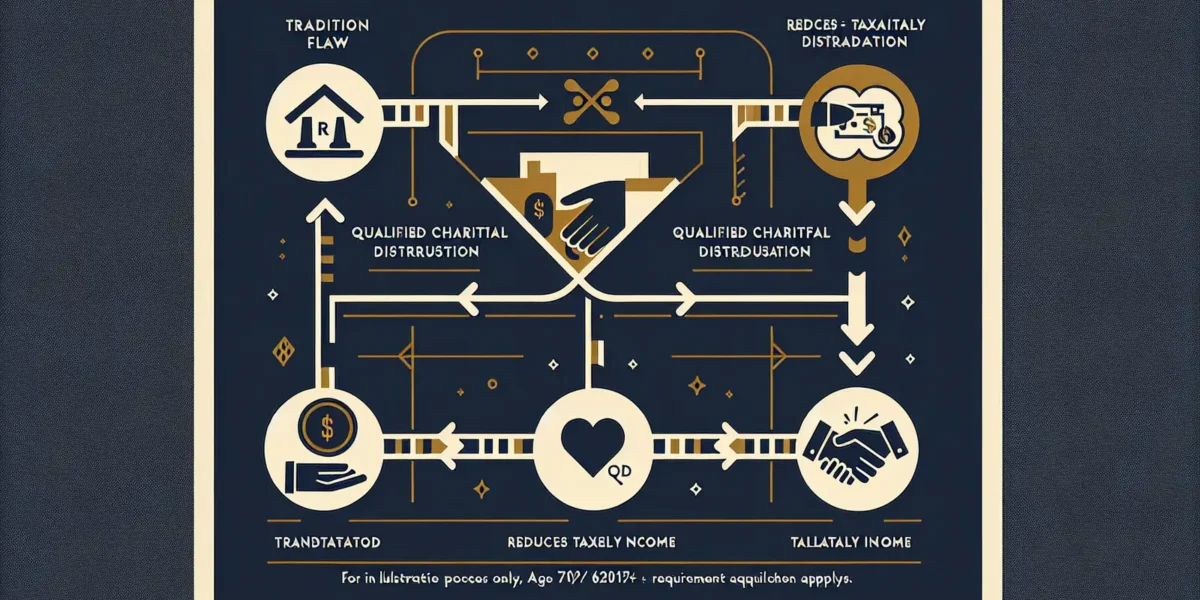 Qualified Charitable Distribution flow diagram showing direct IRA-to-charity transfer bypassing taxable income — age 70½ requirement applies