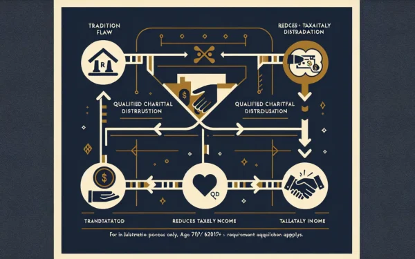 Qualified Charitable Distribution flow diagram showing direct IRA-to-charity transfer bypassing taxable income — age 70½ requirement applies