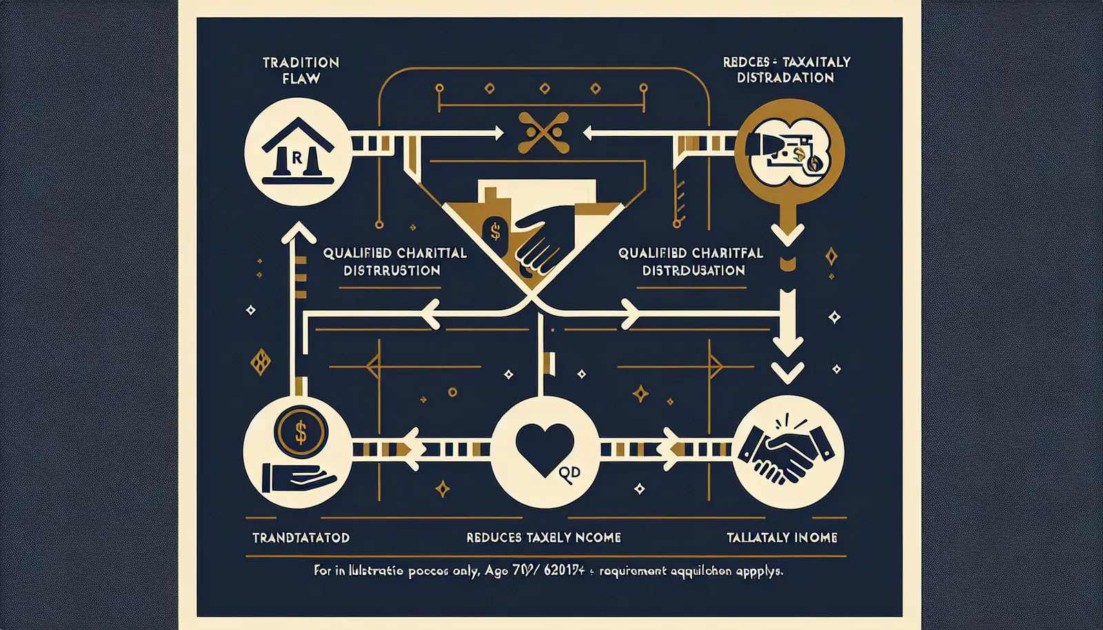 Qualified Charitable Distribution flow diagram showing direct IRA-to-charity transfer bypassing taxable income — age 70½ requirement applies