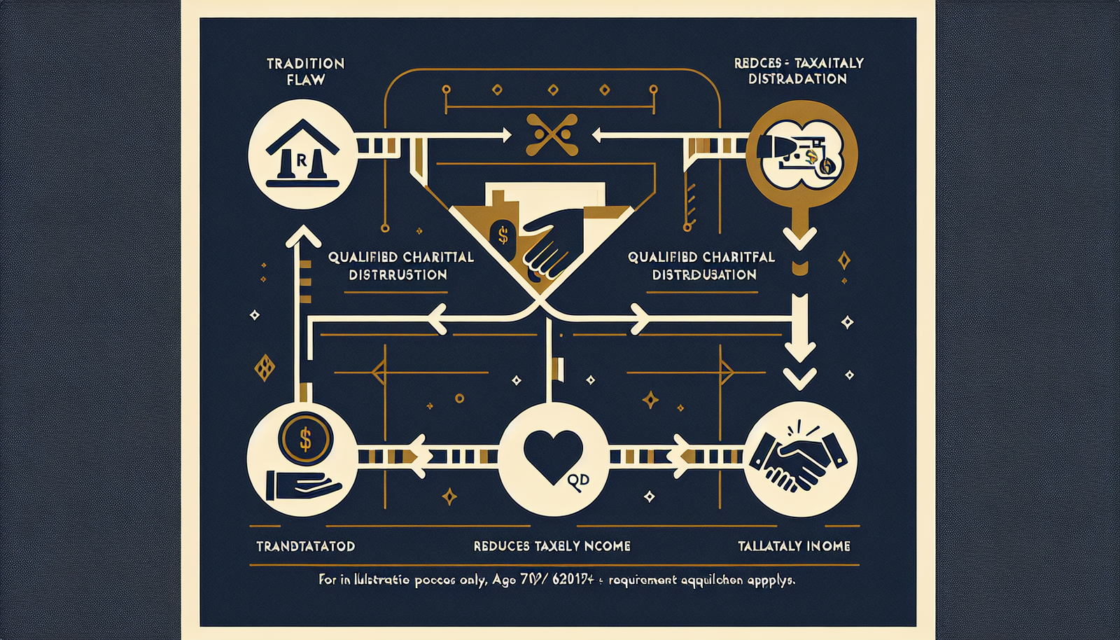 Qualified Charitable Distribution flow diagram showing direct IRA-to-charity transfer bypassing taxable income — age 70½ requirement applies
