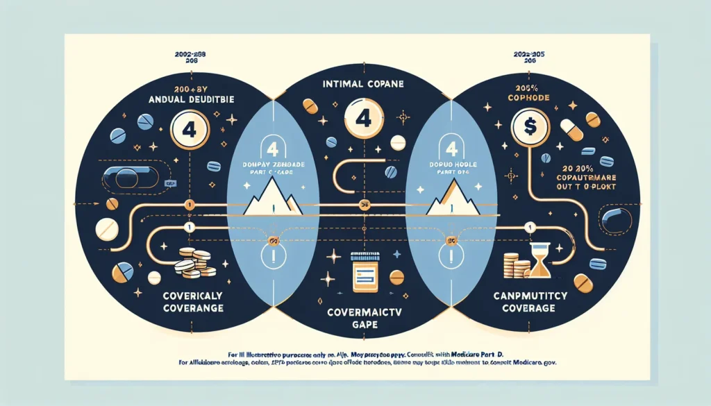 Medicare at 65 While Still Working: A Decision Guide 1 Medicare Part D coverage phases diagram showing deductible, initial coverage, coverage gap, and catastrophic coverage stages