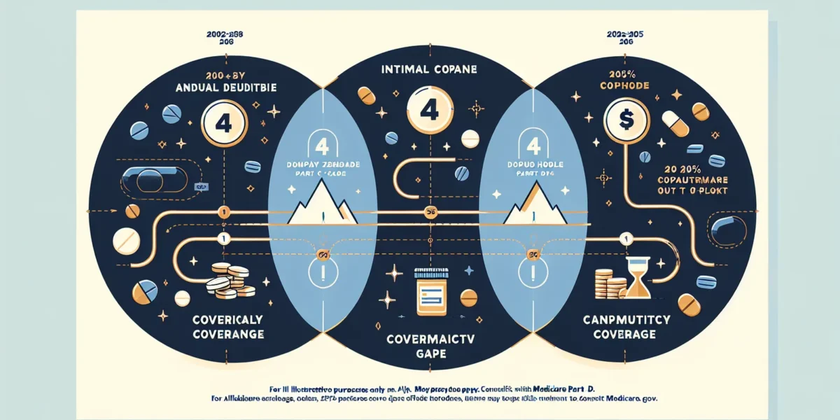 Medicare Part D coverage phases diagram showing deductible, initial coverage, coverage gap, and catastrophic coverage stages