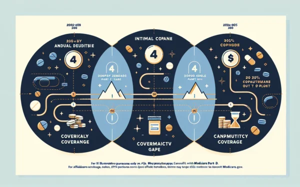 Medicare Part D coverage phases diagram showing deductible, initial coverage, coverage gap, and catastrophic coverage stages