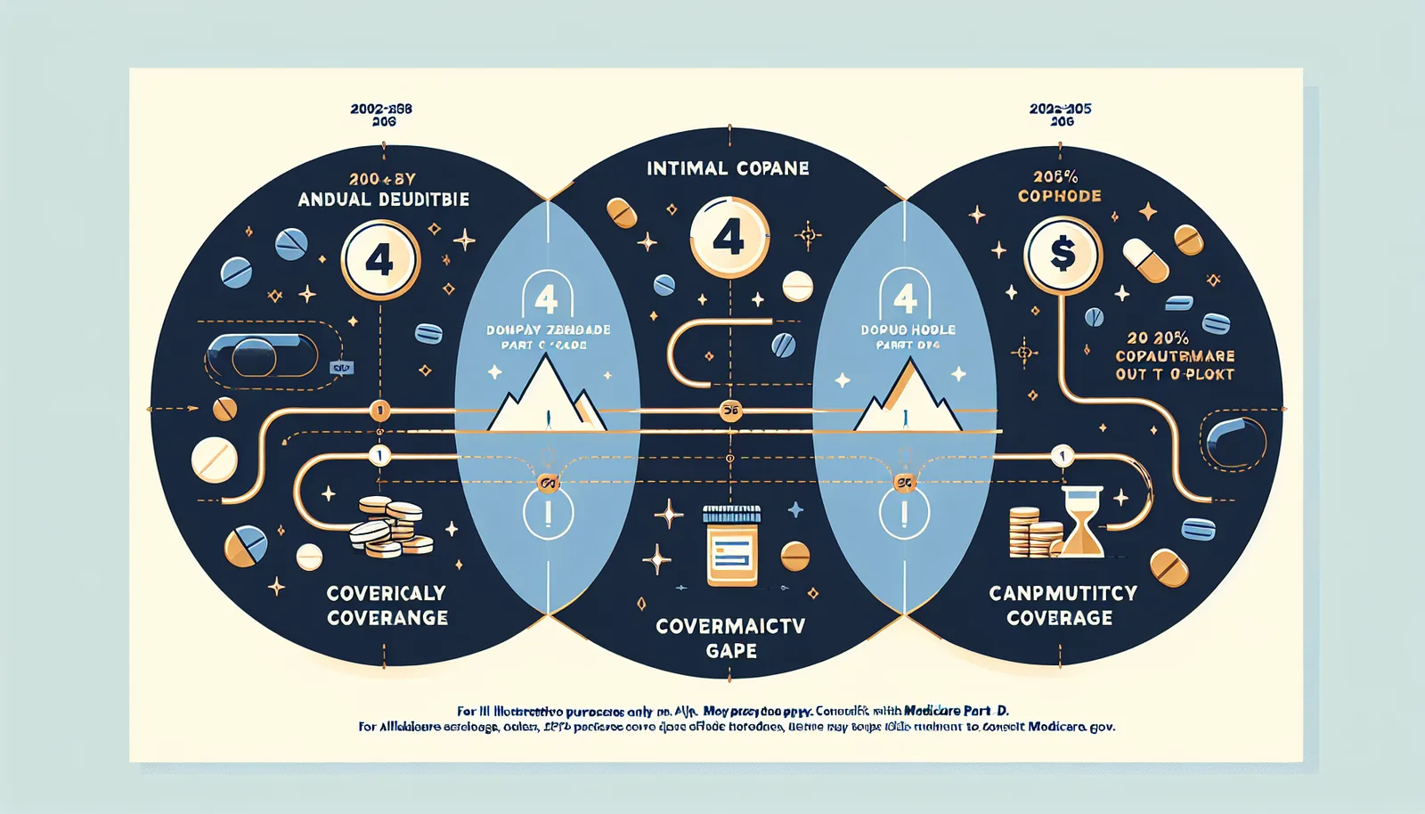 Medicare Part D coverage phases diagram showing deductible, initial coverage, coverage gap, and catastrophic coverage stages