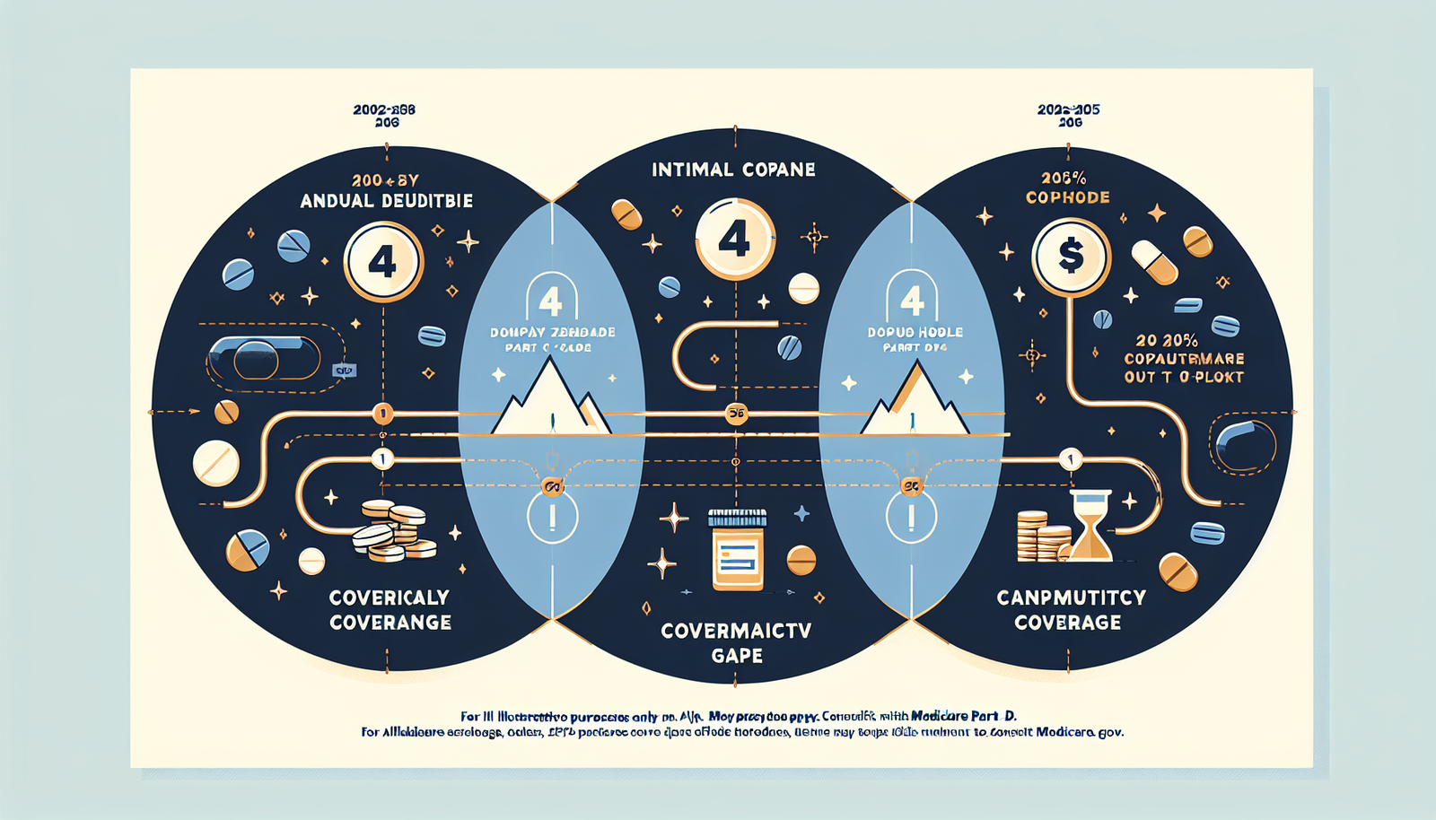 Medicare Part D coverage phases diagram showing deductible, initial coverage, coverage gap, and catastrophic coverage stages