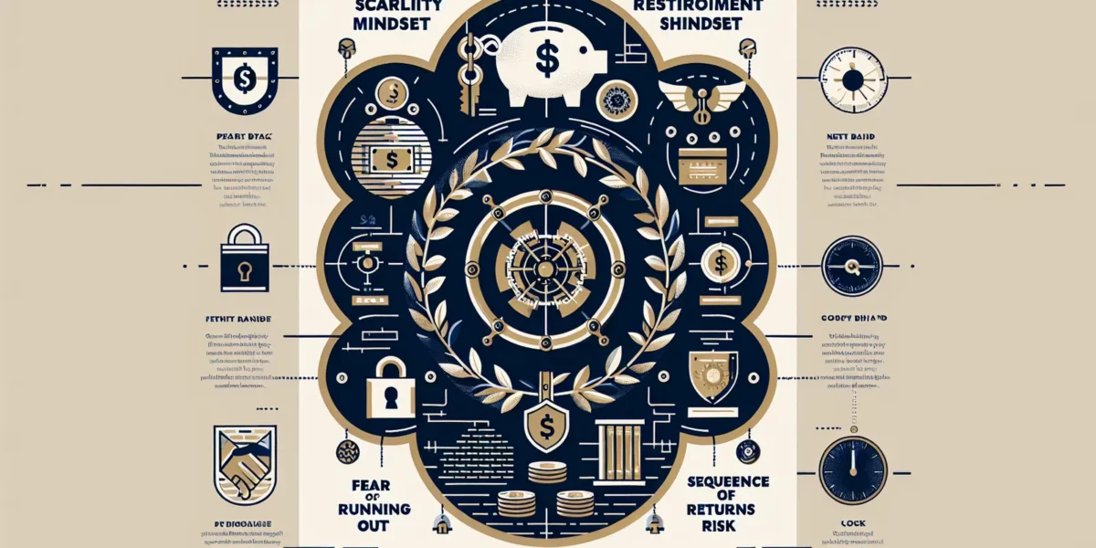 Retirement spending psychology diagram showing common psychological barriers including scarcity mindset, fear of running out, and identity shift