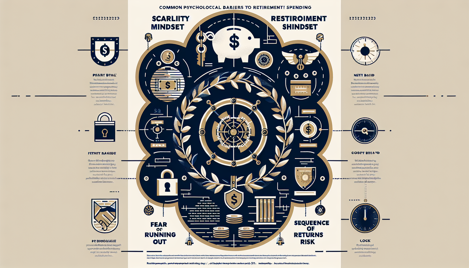 Retirement spending psychology diagram showing common psychological barriers including scarcity mindset, fear of running out, and identity shift