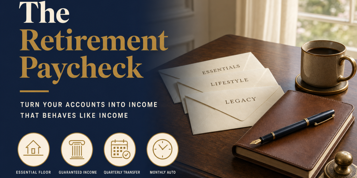 Editorial title card reading "The Retirement Paycheck" beside a wooden writing desk with envelopes, leather notebook, and brass coffee cup